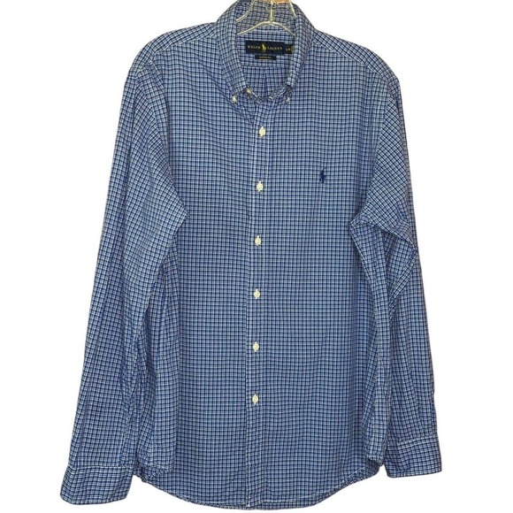 Ralph Lauren Custom Fit Button down Flannel Shirt Plaid 100% Cotton Blue Large - Picture 1 of 7